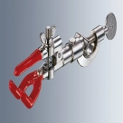 Зажимы для бюреток Marienfeld: никелированное цинковое литьё под давлением, пластиковые хомуты и кулачки, ширина пролета 0-40 мм